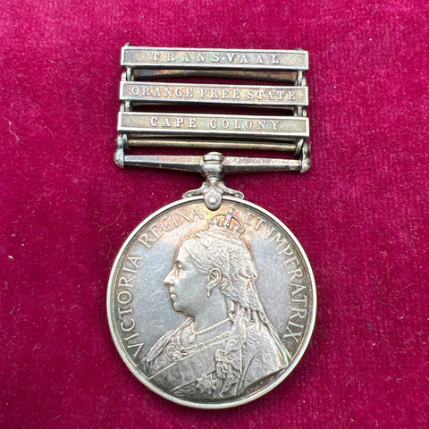 Queen's South Africa Medal, 3 bars, to Private T. Morris, 2nd Shropshire Light Infantry, ghost date