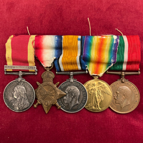 Group of 5 to A.B. John H. Jones, HMS Endymion on China War Medal, Lieutenant Royal Navy Reserve on WW1 trio, John H. Jones on Mercantile Marine Medal, unofficial bar on China War Medal