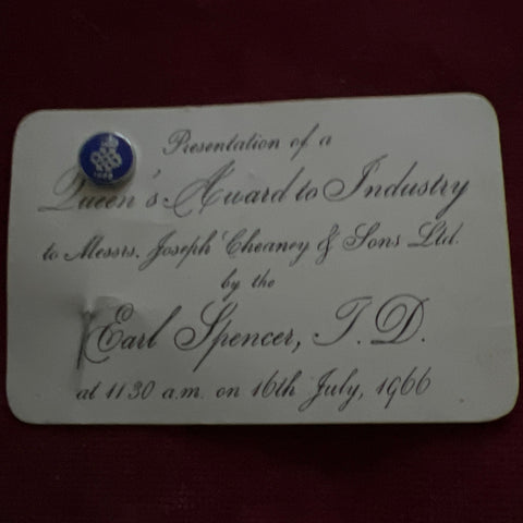 Queen's Award to Industry Badge, to Messrs. Joseph Cheaney and Son Ltd. by the Earl Spencer T.D. 16th July 1966, famed for making British shoes and army boots