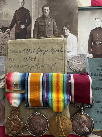 Group of 4 to 7298 Corporal Alfred George Mansbridge, 2 Bn., Kings Royal Rifle Corps, served France 28/8/1914 - 1918, with full service papers, medal to the 56 London Division T.A., with original documents, photos & ID tags a good lot