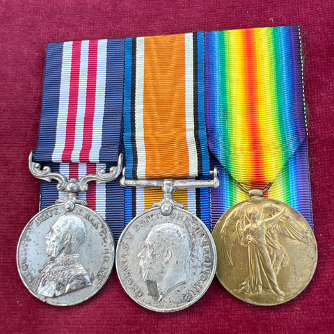 Trio to 2640 Sergeant Arthur Harris, Royal Garrison Artillery, 393 Siege Battery, won Military Medal during 3rd Battle of Ypres, admitted to 64th Field Ambulance suffering a gunshot to his leg 8th October 1917, MM LG: 17th December 1917, see history