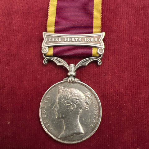 Second China War Medal, Taku Forts 1860 bar, to Thomas Barris, 1st Dragoon Guards, some edge knocks