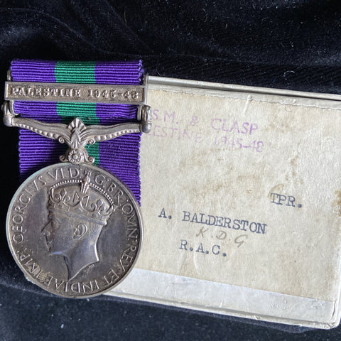 General Service Medal, Palestine 1945-48 bar, to 29000863 Trooper A. Balderston, Kings Dragoon Guards, with box of issue