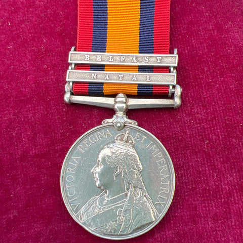 Queen's South Africa Medal, 2 bars: Belfast & Natal, to Private A. Reid, Devon Regiment