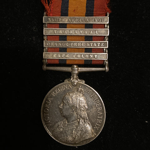Queen's South Africa Medal, 4 bars: South Africa 1901, Transvaal, Orange Free State & Cape Colony, to 1182 Private J. S. Southwood, Railway Pioneer Regiment