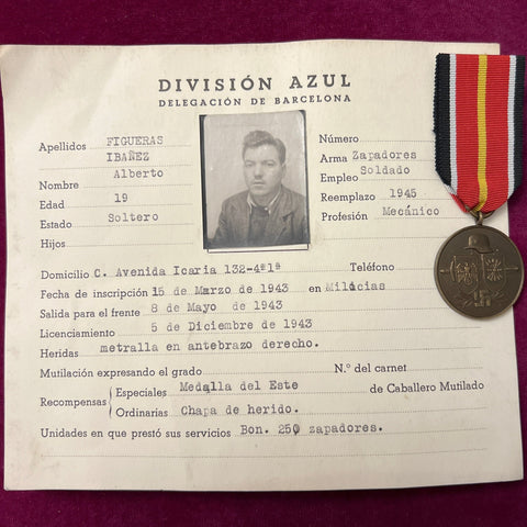 Blue Division Medal with ID card to Alberto Ibanez Figueroa, Zapadores Unit, served as a mechanic, Division Azul, Barcelona, aged 19 joined 15th March 1943, Russian Front 8th May 1944, wounded 5th December 1943, scarce