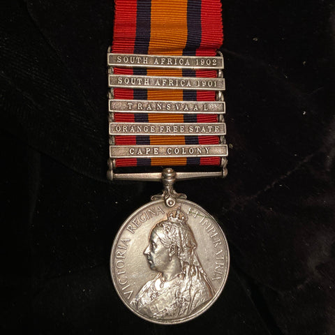 Queen's South Africa Medal, 5 bars, to 148 Louis Christopher Morley, 12 Battalion, County of London Regiment, with papers