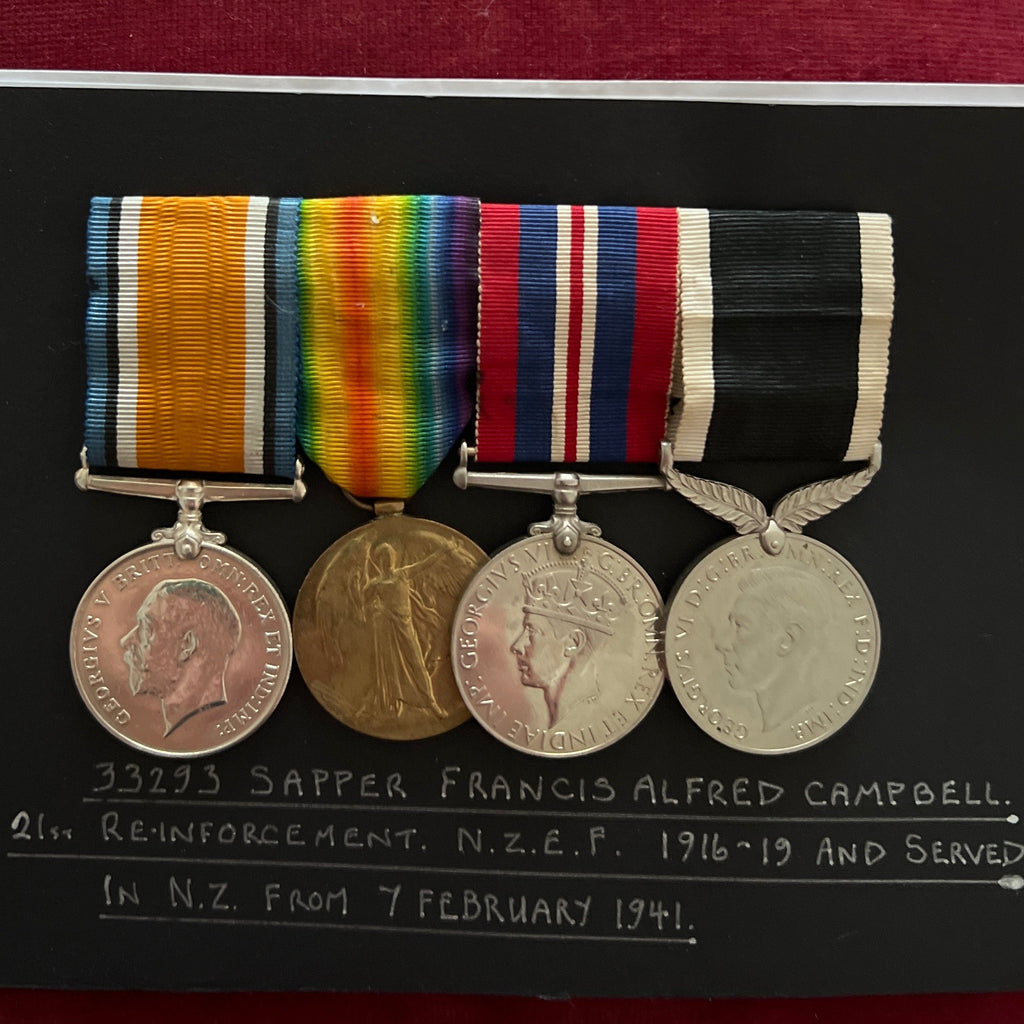 New Zealand group of 4 to 33293 Sapper Francis Alfred Campbell, 21st Reinforcement New Zealand Expeditionary Force 1916-19, and served in New Zealand from 7th February 1941