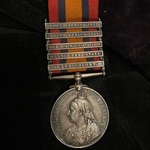 Queen's South Africa Medal, 5 bars, to 29695 Trooper Robert H. Robson, 15 Northumberland Company, 5 Battalion, Imperial Yeomanry, includes papers