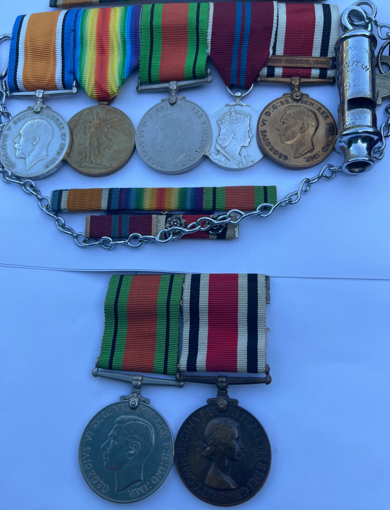 Catchpole family medals: Sergeant Alfred James Catchpole, 2 Battalion, Middlesex Regiment and prisoner of war 27th May 1918, and his son: Sub Inspector/ Sergeant Alfred Catchpole, Metropolitan Police Special Constabulary