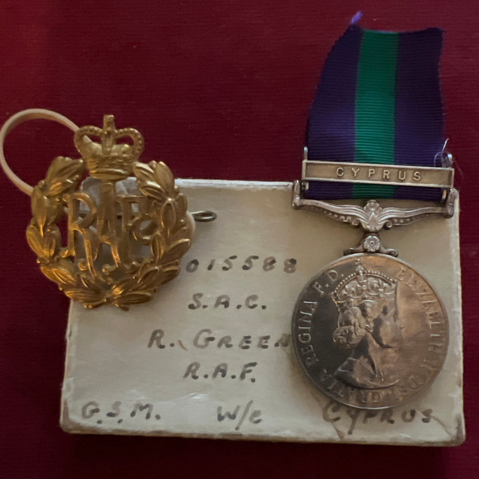 General Service Medal, Cyprus bar, to 5015588 Senior Aircraftman R. Green, R.A.F., with cap badge