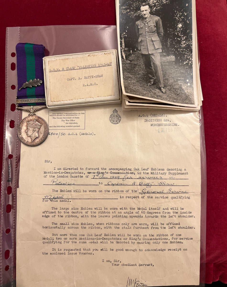 GSM with oak leaf, Palestine 1945-48 bar, to Captain Dr Anthony Batty Shaw, RAMC, attached to 2 Para, MiD for tending wounded at the King David Hotel in 1948, a senior physician at the Norfolk and Norwich Hospital, also a medical historian, see history