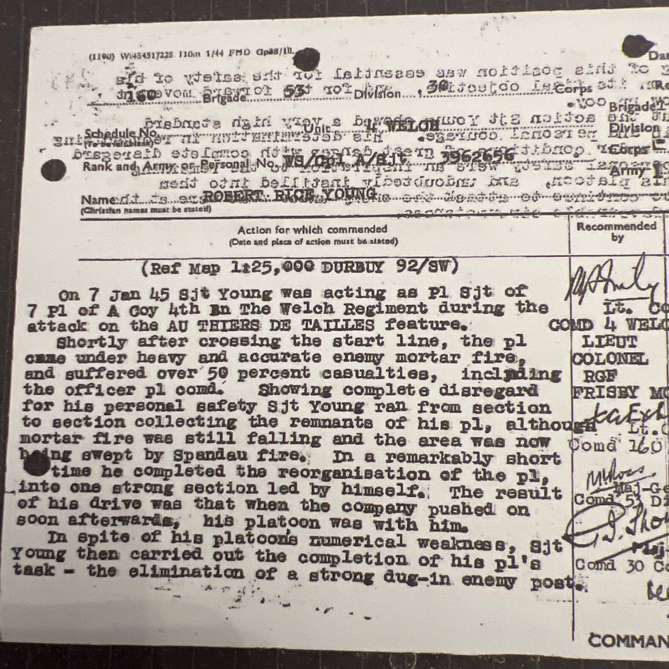 Military Medal to Corporal Acting Sergeant Robert Rice Young, 4 Welch Regiment, see citation, 12th January 1945, signed by Field Marshal Montgomery (photocopy from public records office), London Gazette 12th April 1945