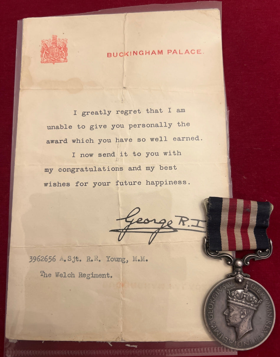 Military Medal to Corporal Acting Sergeant Robert Rice Young, 4 Welch Regiment, see citation, 12th January 1945, signed by Field Marshal Montgomery (photocopy from public records office), London Gazette 12th April 1945