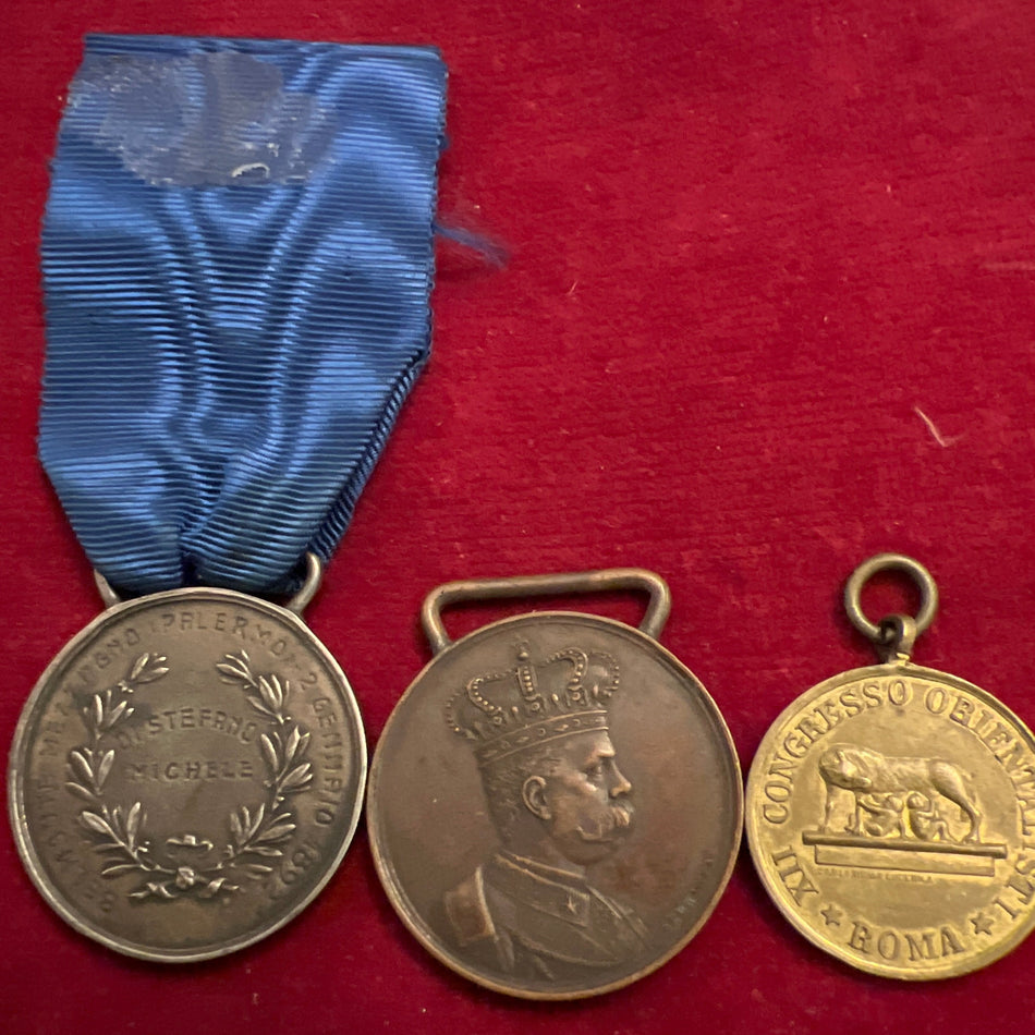 Italy, scarce Alvalore Militare group of 3, with Colonial Medal for Africa and Congress Medal in Rome, dated 1899, named to Michele Di Stefano Belmonte Mezzagano Palermo 2 Gennaio 1892, scarce award in silver, with initials under the shield