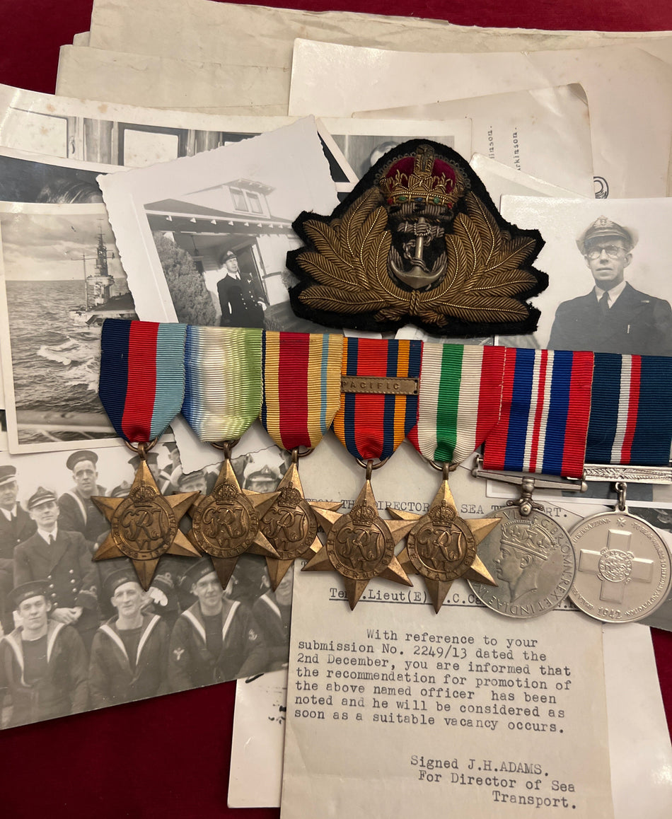 Group of 7 to Lieutenant Commander Engineer Daniel C. Campbell, Royal Navy, served from 1941-46, after the war he served on cruise liners, comes with copies of service, original photos and a chart for Murmansk dated 1942