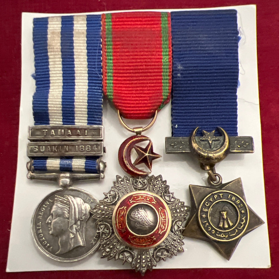 Miniature group of 3: Egypt Medal, 2 bars: Tamaai & Suakin 1884, Turkey Order of the Medjidie, knight, & Khedive's Star dated 1882, a nice group