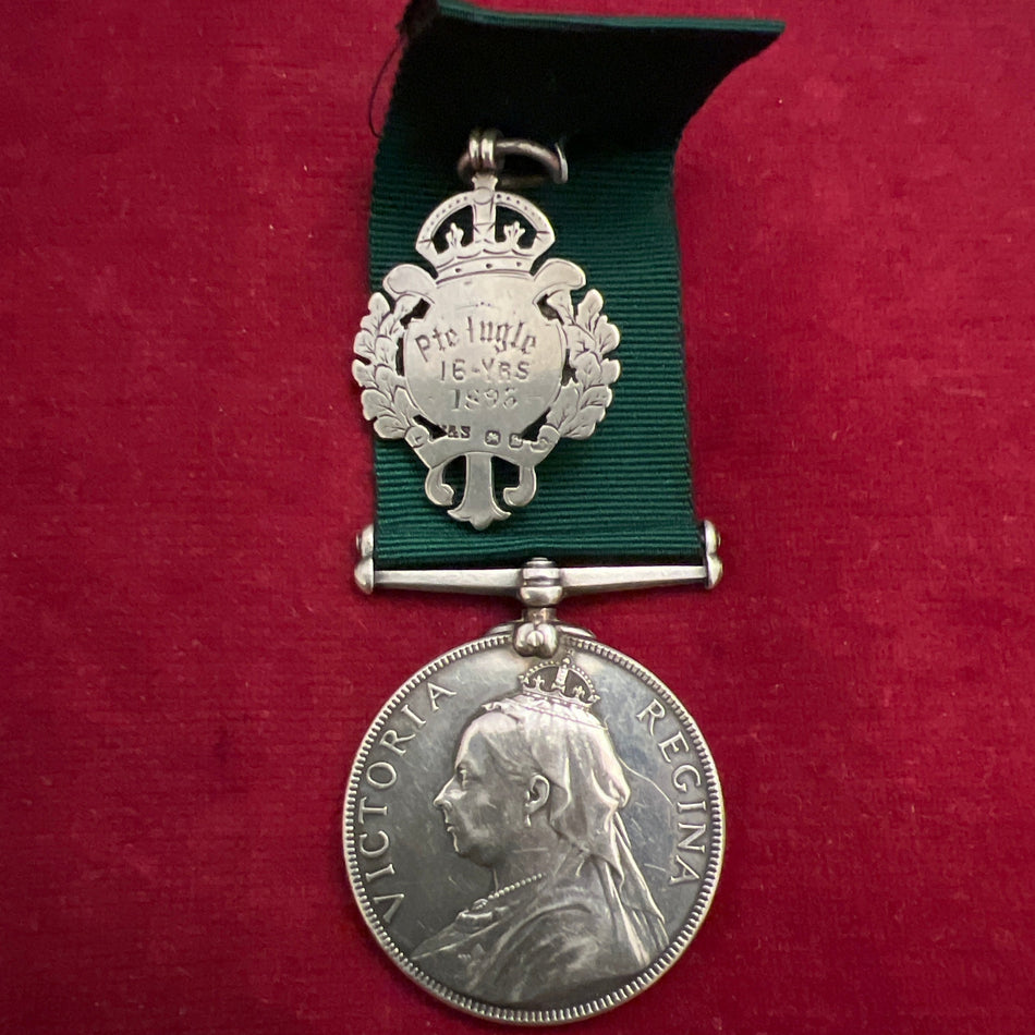 Volunteer Force Long Service Medal, Victorian issue 1895-1901, to 2336 Private F. C. Ingue, 4th Volunteer Battalion, Royal West Surrey Regiment Queen's Regiment, officially impressed naming with a regimental medal named to Pte. Ingue 16 Years 1896