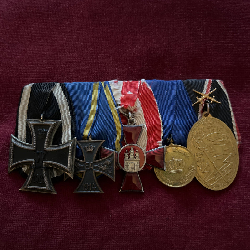 Germany, group of 5, WWI Iron Cross, Earnst August Cross, 1914-18, Hamburg Cross, Long Service Medal & Kuffhanben 1914-18, some wear to the ribbon of the Hamburg Cross, all medals in good condition