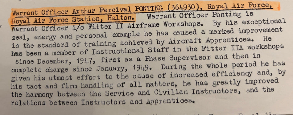 Group of 6 to MBE Warrant Officer Arthur Percival Pointing, RAF, RAF Station, Halton, served 1924-64, with full history of service, MBE June 1950, with original London Gazette for 1950, see citation for MBE, Coronation Medal confirmed