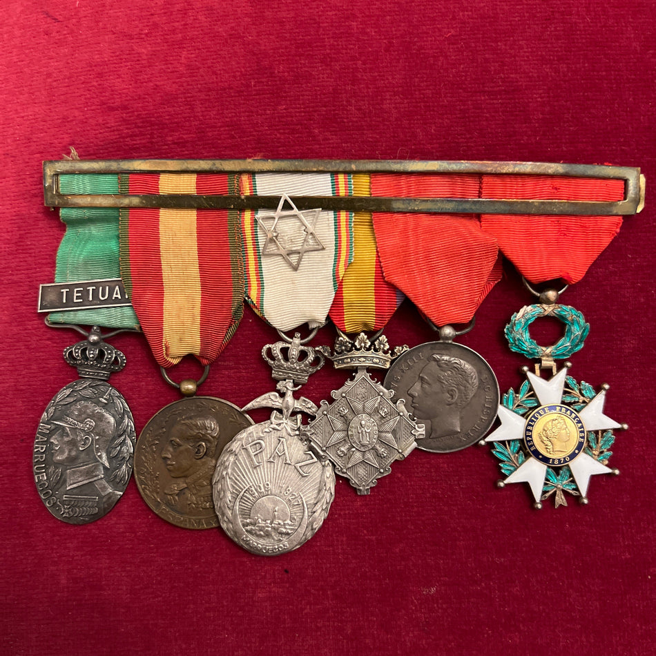 Spain, group of 6 with Colonial Medal (Tetuan bar), Medal for Africa, silver medal for Morocco 1909-1927, Medal for campaign in 1909, Coronation Medal of Alphonso XIII on 17 May 1902 and French Legion of Honour, an interesting group