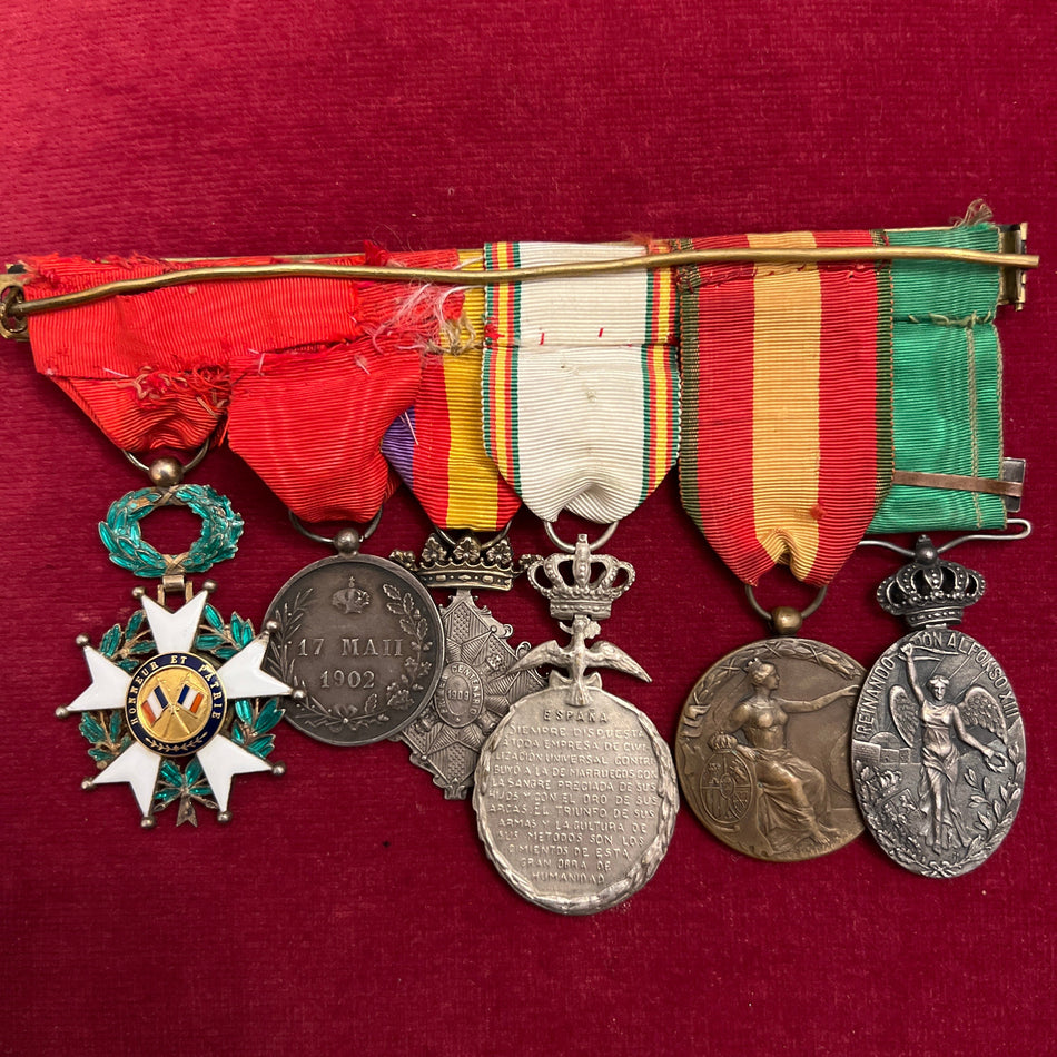 Spain, group of 6 with Colonial Medal (Tetuan bar), Medal for Africa, silver medal for Morocco 1909-1927, Medal for campaign in 1909, Coronation Medal of Alphonso XIII on 17 May 1902 and French Legion of Honour, an interesting group