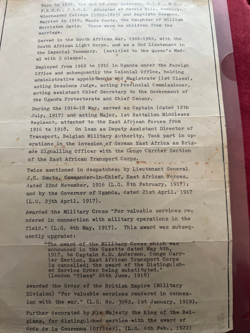 Lieut. Roy Dunlop Anderson, SA Light Horse - 2 Bn Imperial Yeomanry (Boer War), Major- Middlesex Regt & Congo Carrier Section East Africa Transport Corps, M.I.D. twice, MC East Africa (Upgraded to DSO), OBE (Military), Belgium Order de la Couronne Officer