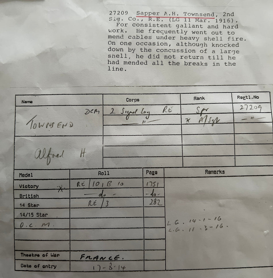 Distinguished Conduct Medal group of 4 to 27209 Sapper A. H. Townsend, 2nd Sig. Company, Royal Engineers, 1914 Star trio France 17th August 1914, DCM London Gazette 11th March 1916, for consistent gallant and hard work, see citation