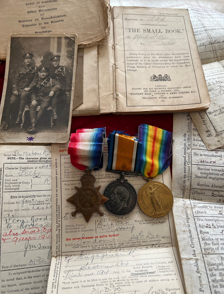 1914 Star trio to 29554 Driver Alfred Fillet, 3rd Battery, Royal Field Artillery, from Battersea, joined the army on the 29th December 1902 for 3 years, then re-joined for the 1914-18 War, with original paperwork