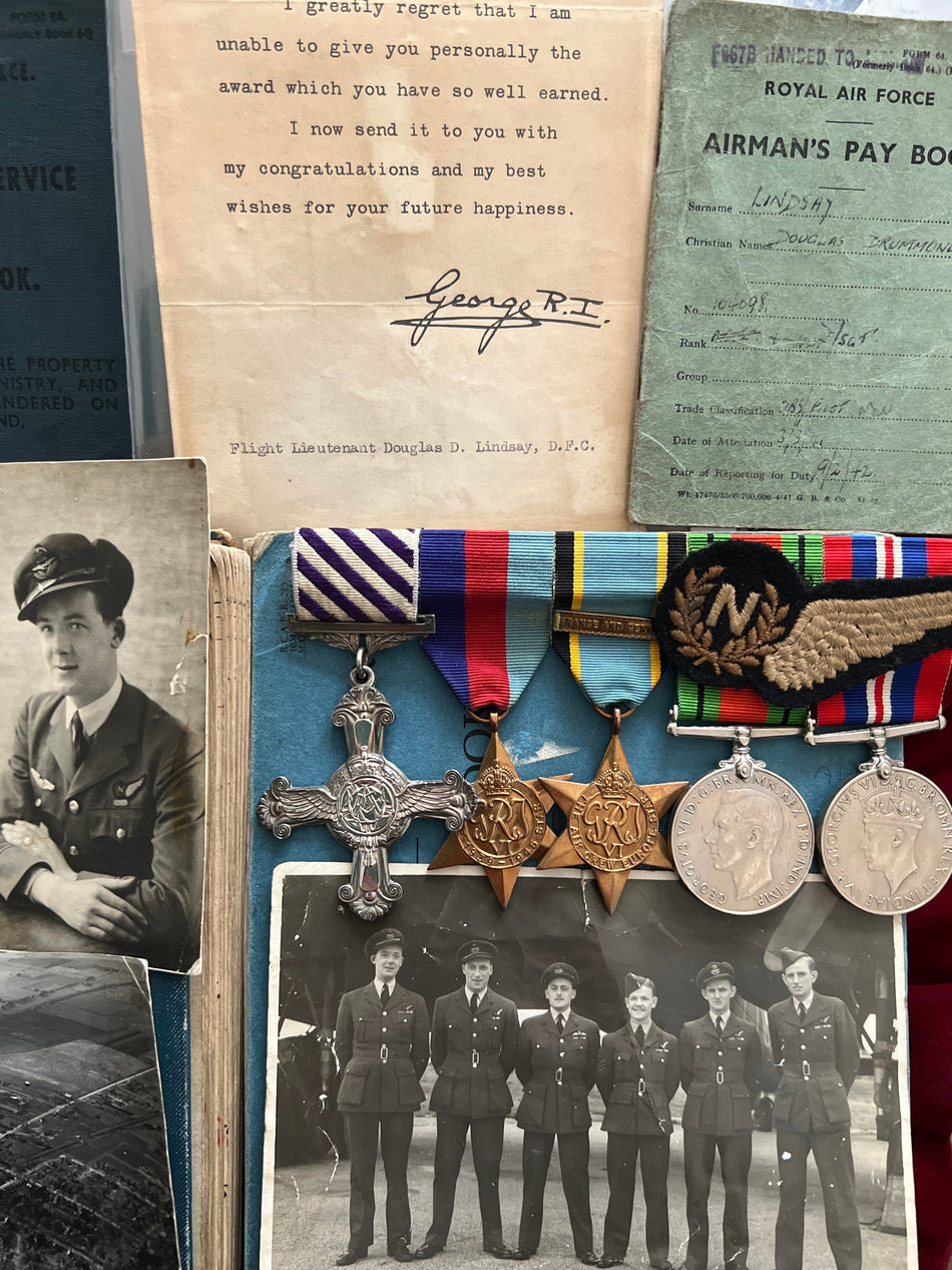 DFC group to Douglas Drummond Lindsay, Navigator Pilot Officer, RAF, 166 Squadron, 28 hazardous operations over Germany (see list), with log book, photos, navigation book, service book, Buckingham Palace letter & more, a nice complete lot, see description