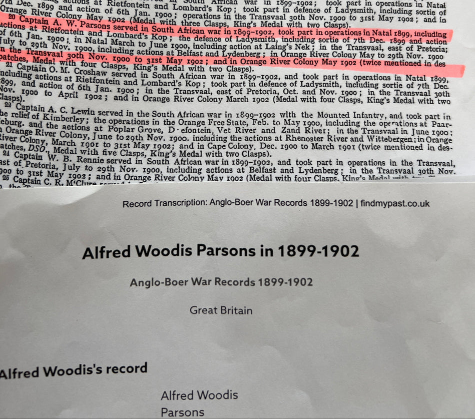 A good DSO/ Commander of St Micheal & St George group of 8 to Lieutenant Colonel Alfred Woodis Parsons, 19th Princess of Wales Own Hussars, MiD several times in South Africa & WWI, operations in Natal including Reitfontein & Lombard Kop, see history