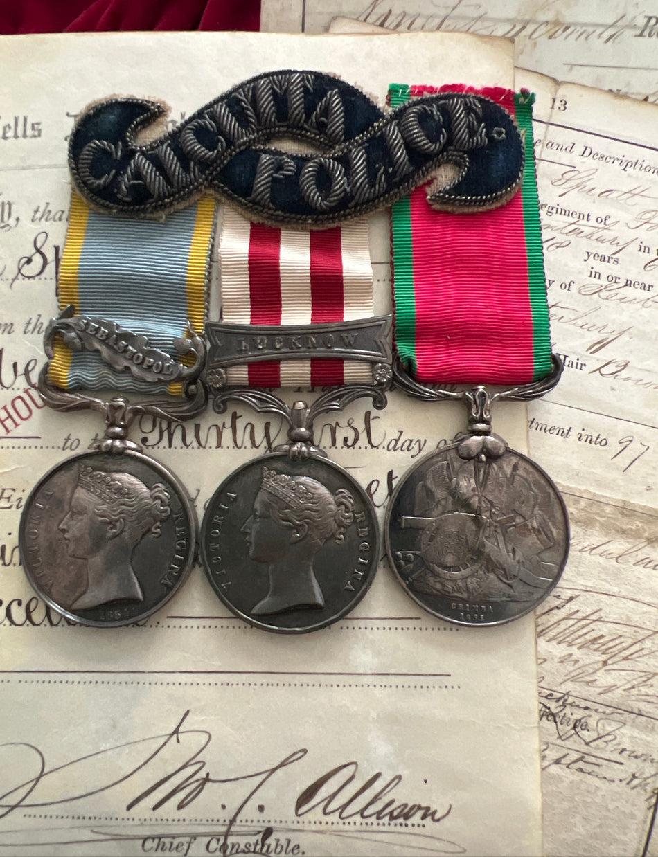 Group to 3202 Private Stephen Spratt, 97 Regiment of Foot, Crimea Medal, Sebastopol bar, Turkish Crimea Medal, Indian Mutiny Medal, Lucknow bar, after he served in the Calcutta Police, then Kent Constabulary 1866-1899, a good group with original papers