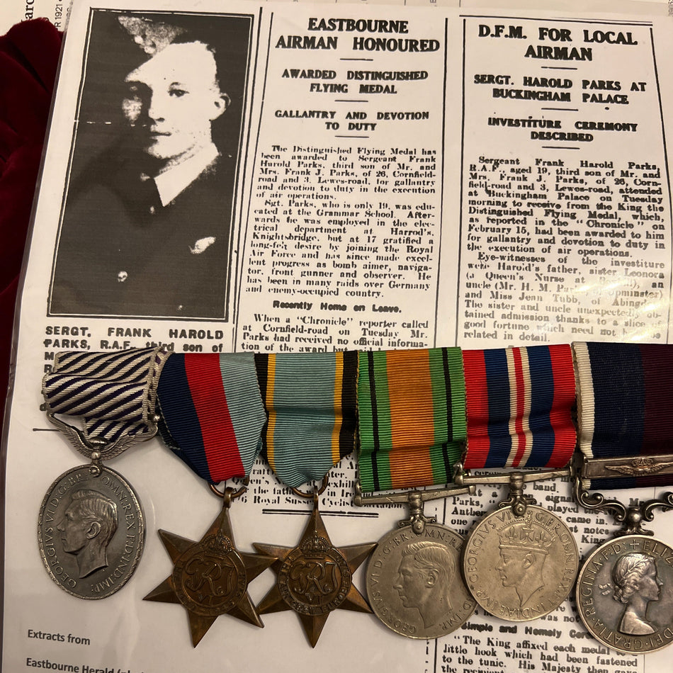 Group of 6 to Sergt. Frank Harold Parks, Navigator and Bomb Aimer, 58 Squadron, RAF, completed 16 ops. over Germany early in the war (Nov 1940 - Feb 1941), DFM LG 11/2/1941, received his medal from the King at Buckingham Palace, with full history of ops.