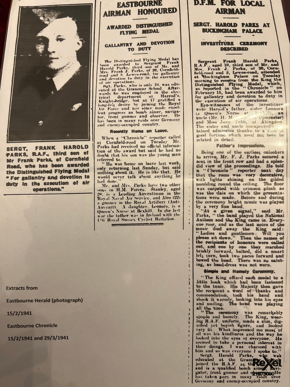 Group of 6 to Sergt. Frank Harold Parks, Navigator and Bomb Aimer, 58 Squadron, RAF, completed 16 ops. over Germany early in the war (Nov 1940 - Feb 1941), DFM LG 11/2/1941, received his medal from the King at Buckingham Palace, with full history of ops.