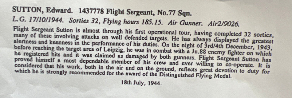 Distinguished Flying Medal group of 5 to 1437778 Flight Sergeant Edward Sutton, air gunner on Whitley Bombers 77 Squadron, 32 sorties on attacking enemy targets over Germany, see citation