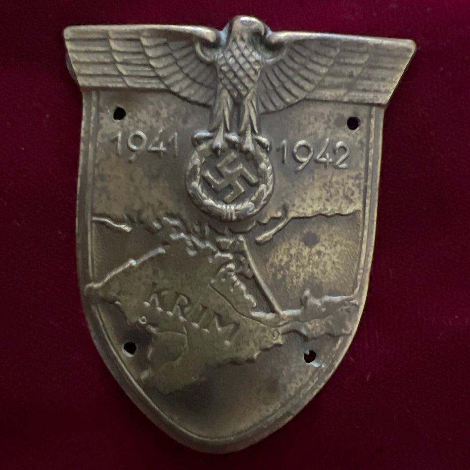 Nazi Germany, Krim Shield, 1941-42 example with backing plate removed, some wear holes to badge, hence pins missing
