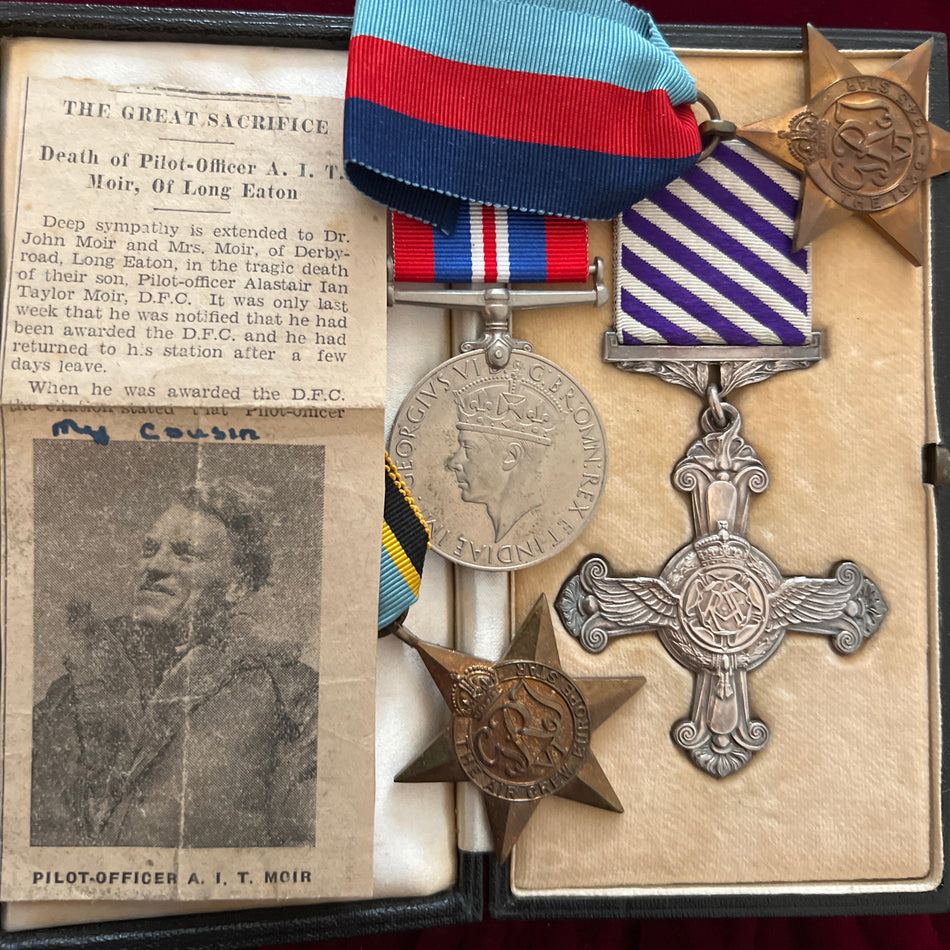 DFC group to Pilot Officer A. I. T. Moir, pilot of Halifax Bomber, 76 Squadron, RAF, DFC LG: 1943, 1652 H.C.U. Training Unit, aircraft engine burst into flames killing him and 3 crew members, full history, original photos, next of kin slip & news cutting