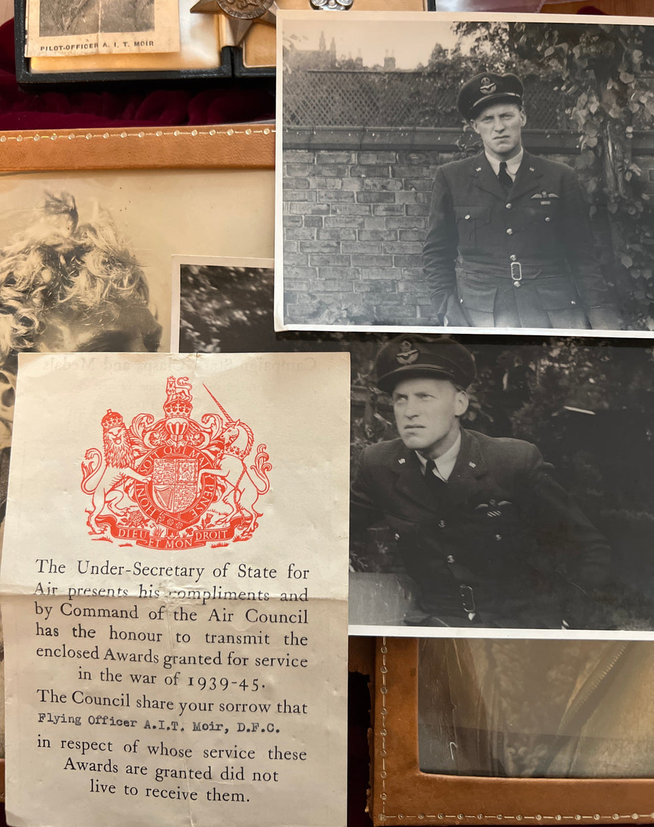 DFC group to Pilot Officer A. I. T. Moir, pilot of Halifax Bomber, 76 Squadron, RAF, DFC LG: 1943, 1652 H.C.U. Training Unit, aircraft engine burst into flames killing him and 3 crew members, full history, original photos, next of kin slip & news cutting