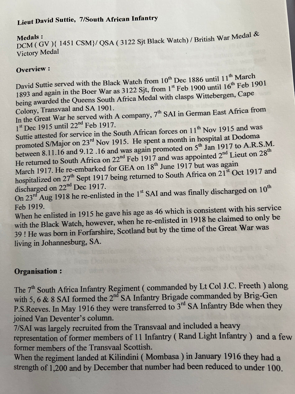 DCM group to Lieut. David Suttie, Black Watch 1886-93, then Boer War, then Great War, A Company, 7 South African Infantry in German East Africa 1915-17, DCM for Actions in German East Africa, scarce for a South African as only 800 awarded WWI, see history