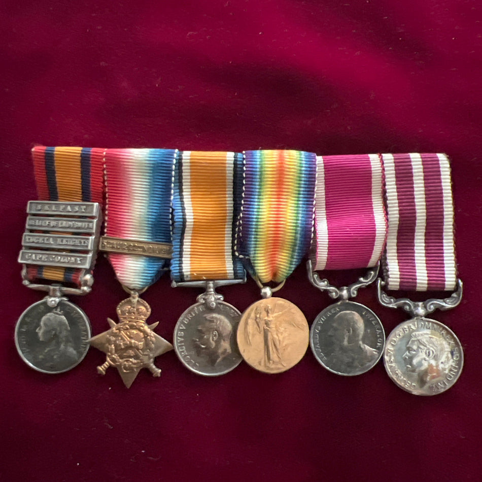 Group of 6 miniatures, Queen's South Africa (4 bars), 1914 Star with bar, British War Medal, Victory Medal, Army Long Service & Good Conduct Medal Edward VII & Meritorious Service Medal George VI