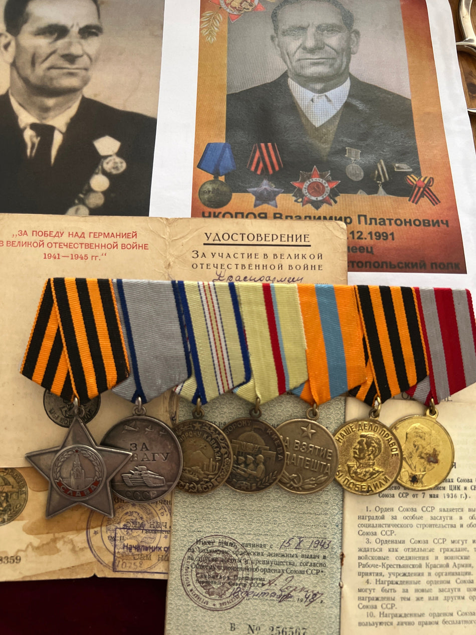 Russia, group with original papers & research to Vladimir Platonovich Chkonaya, a Private Submachine Gunner, killed 10 German soldiers 21st-30th September 1943, later awarded Medal of Glory by destroying an enemy machine gun spot, see history, a good lot