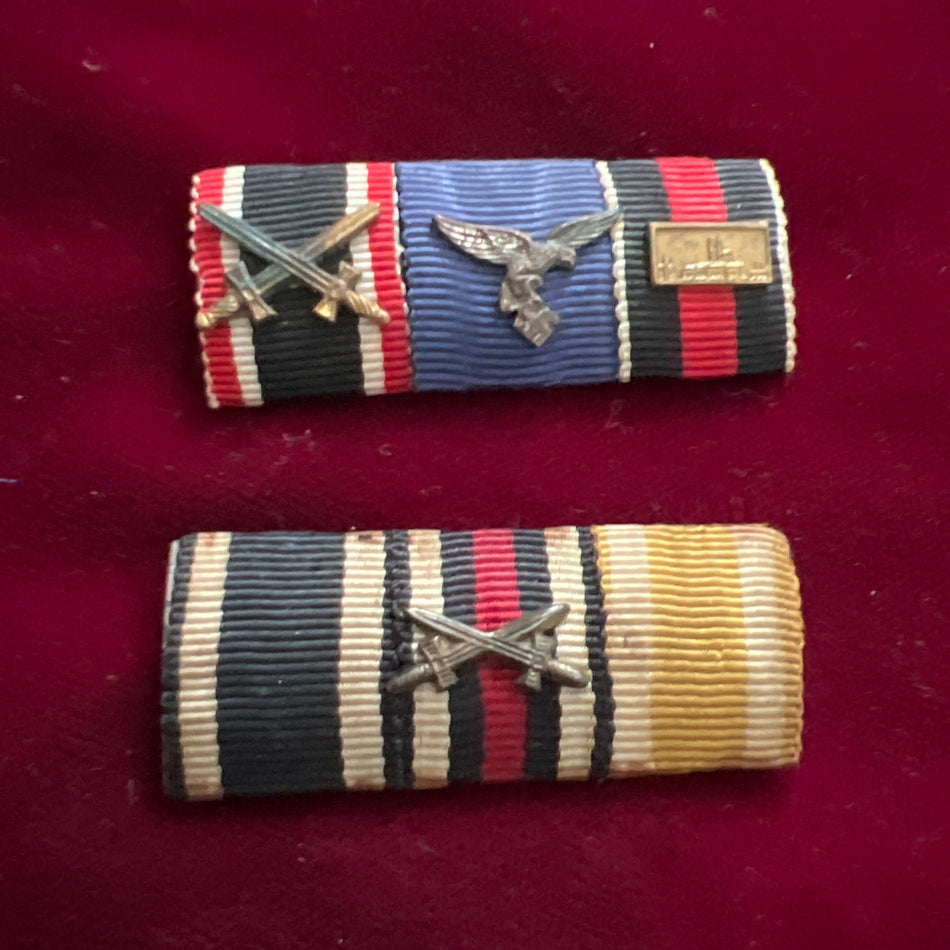 Imperial/ Nazi Germany, 2 ribbon bars, 1st: War Merit Cross with swords, Armed Forces Luftwaffe & Entry Into Czechoslovakia with Prague bar, 2nd: Iron Cross 1914-18, Cross of Honour 1914-18 with swords & West Wall Medal