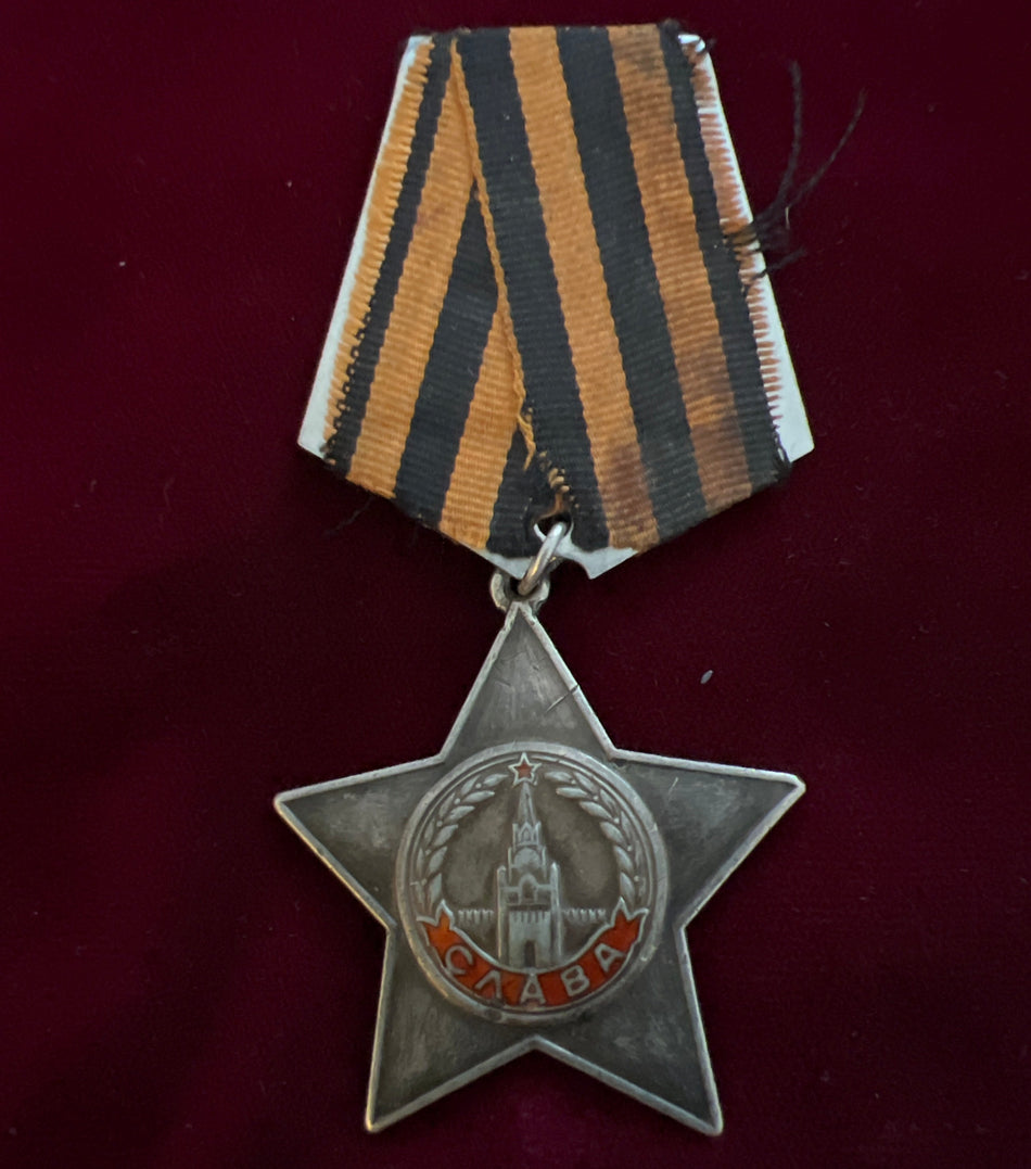 USSR, Order of Glory to Private Ivan Anatolyevich Kaveiny, 178 Rifle Division, 332 Artillery Regiment, despite intense enemy fire he identified enemy weapon positions and marked them on survey maps, ensuring timely and accurate artillery fire, see history