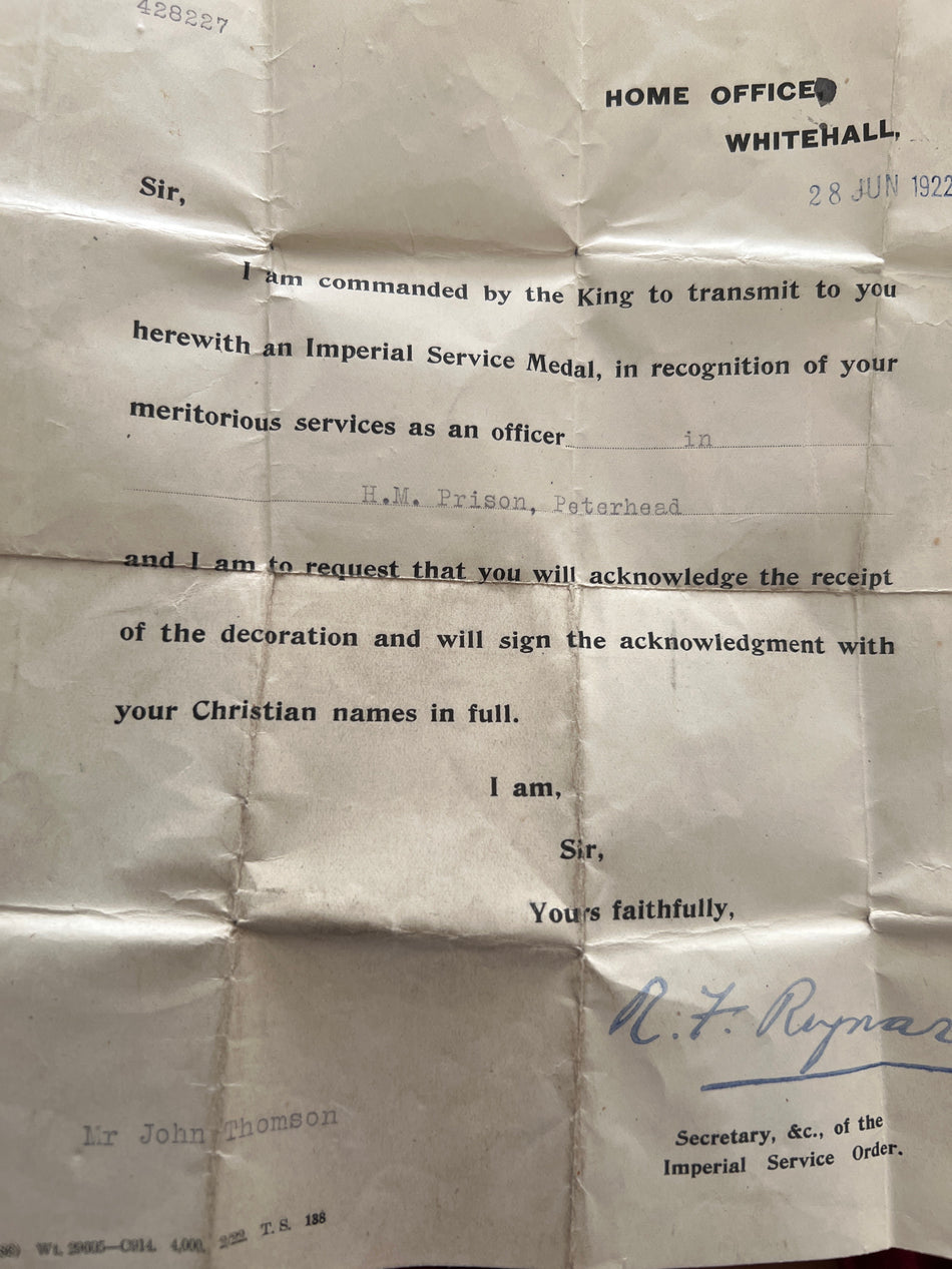 Imperial Service Medal, George V, 2nd type, in case, with letter for award to John Thompson, His Majesty's Prison Peterhead