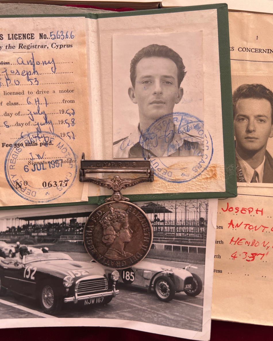 General Service Medal, Cyprus bar, to 2763788 Senior Aircraft Man Antony Joseph Edward, Royal Air Force, with driving licence for British Isles and Overseas plus photo showing him as a racing driver