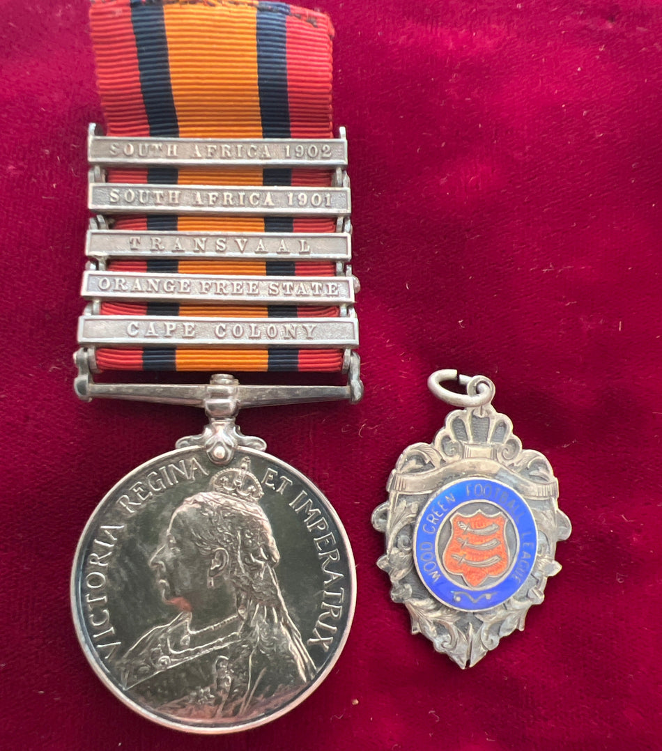 Queen's South Africa Medal, 5 bars: South Africa 1902, South Africa 1901, Transvaal, Orange Free State & Cape Colony, to 34560 Private H. G. Jones, 92 Company, Imperial Yeomanry, with sports medal: Wood Green Football League 1906-07