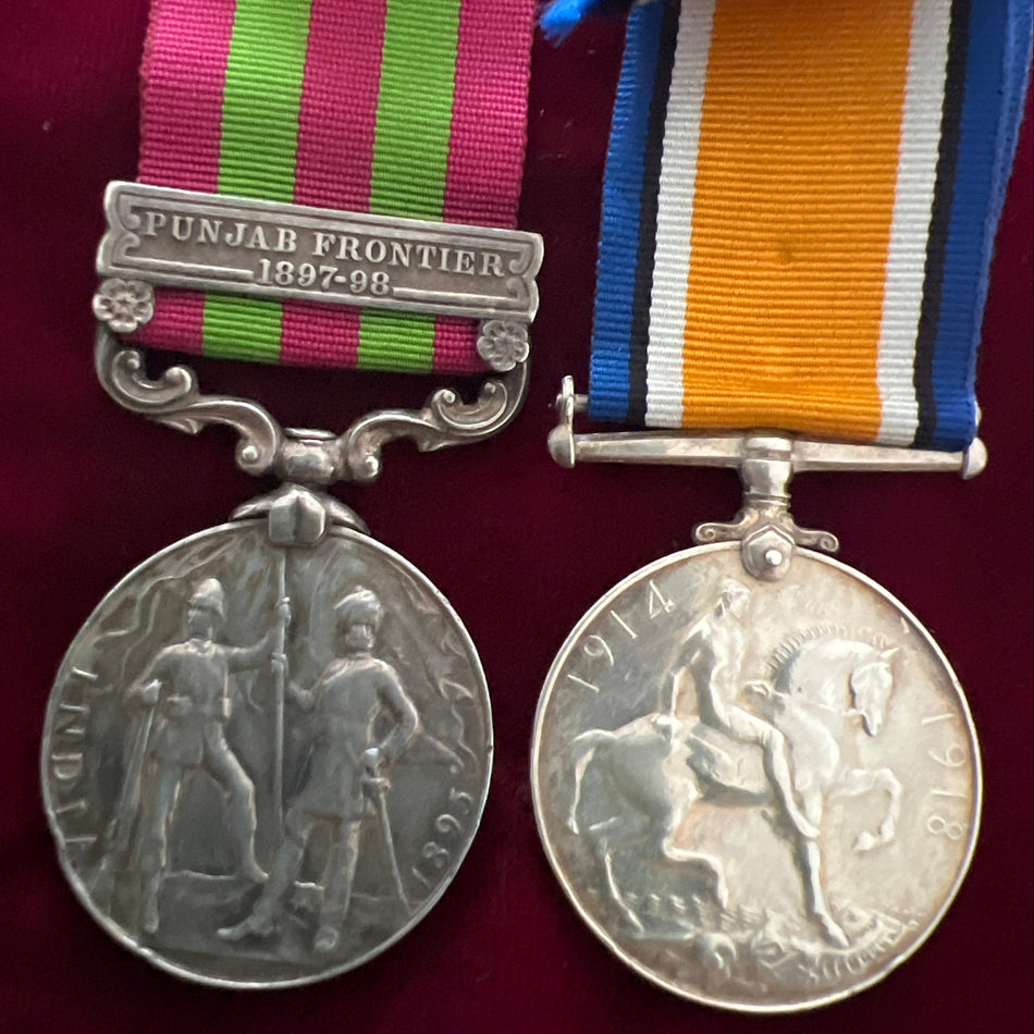 India Medal, Punjab Frontier 1897-98 bar, & British War Medal pair to Private, later Quarter Master Sergeant C. A. Johnstone, Royal Fusiliers