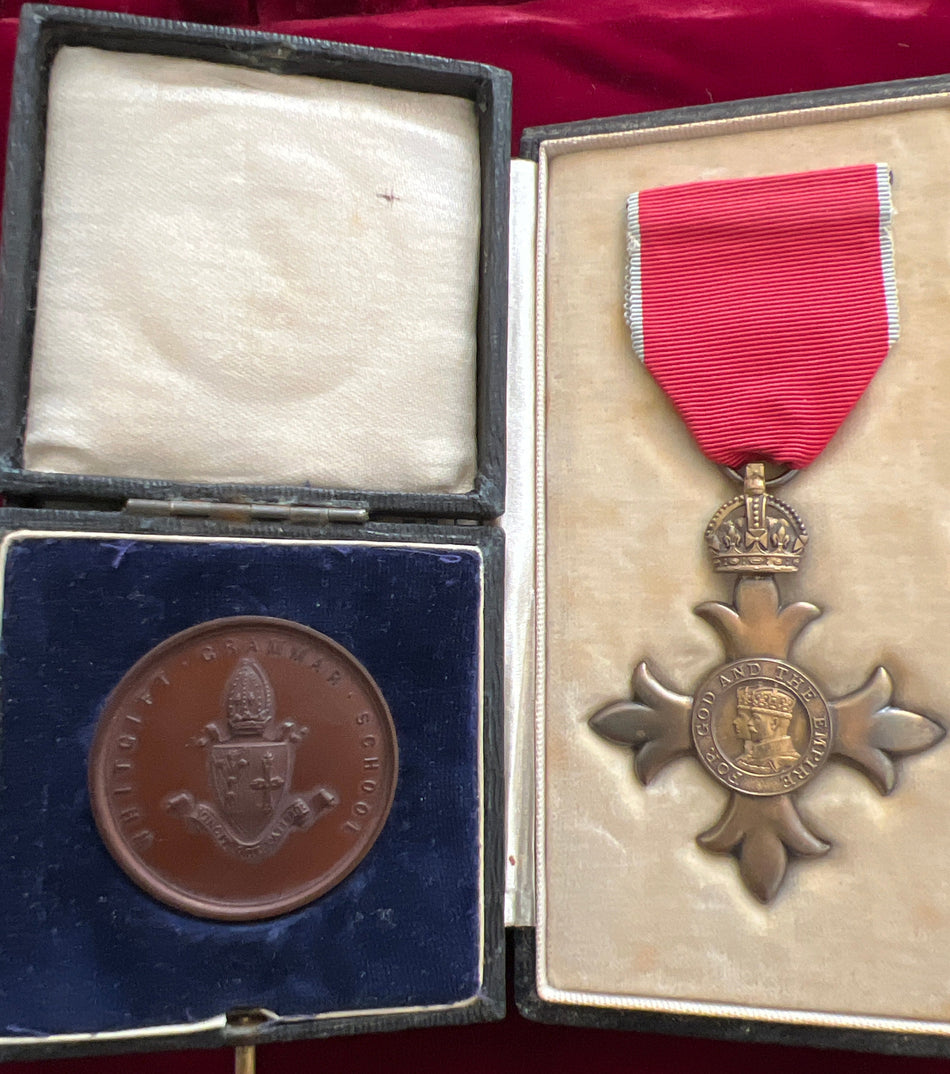OBE, in original case with king's letter to Walter T. Watts, pipe installation to the military Forces in Northern Burma, see letter Louis Mountbatten, South East Asia Command 23rd January 1944, with a school medal from Whitgift School cross country run