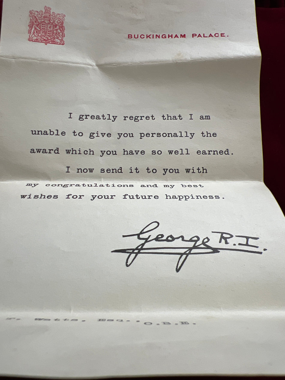 OBE, in original case with king's letter to Walter T. Watts, pipe installation to the military Forces in Northern Burma, see letter Louis Mountbatten, South East Asia Command 23rd January 1944, with a school medal from Whitgift School cross country run