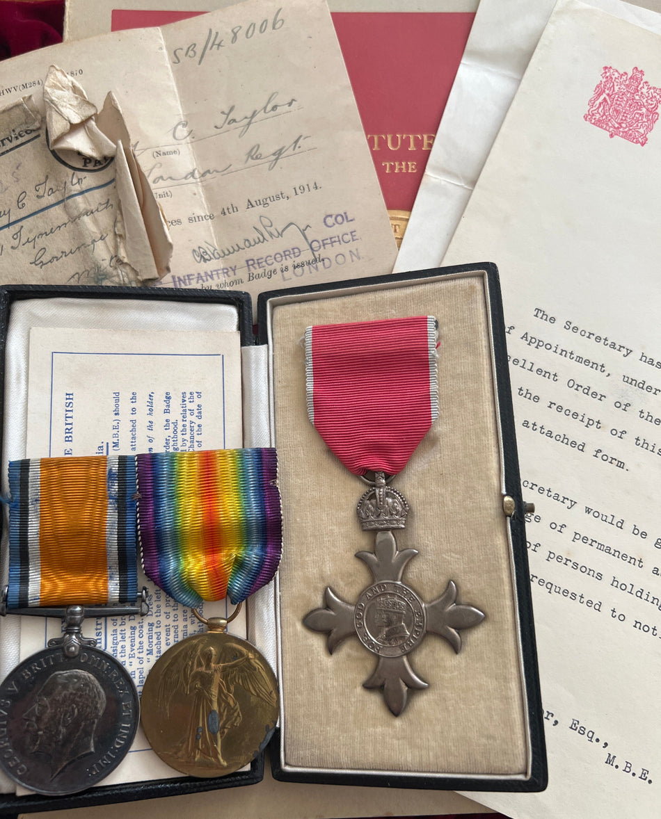 MBE/ WWI pair to 204234 Private Sidney Taylor, 1st Battalion, 1st London Regiment, enlisted 23/5/1916, discharged 15/10/1918, with original discharge certificate, MBE for Clerical Officer, Ministry of Transport, 1/6/1951